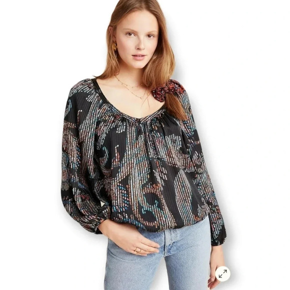Anthropologie Maeve Madeira Boho Satin Shimmer Abstract Paisley Blouse Medium - Picture 16 of 16